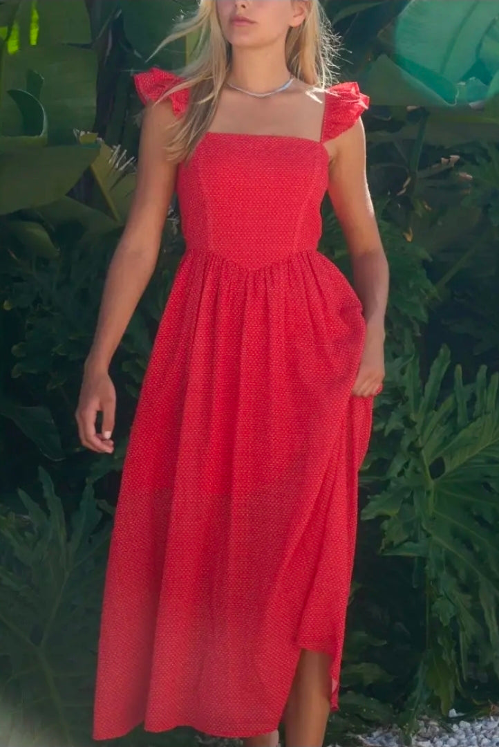 Red Polka Dot Ruffle Strap Midi Dress