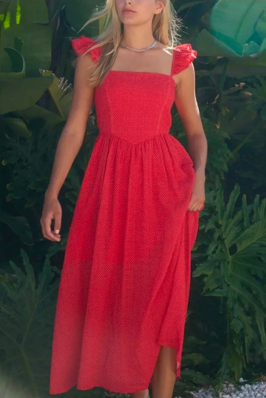 Red Polka Dot Ruffle Strap Midi Dress