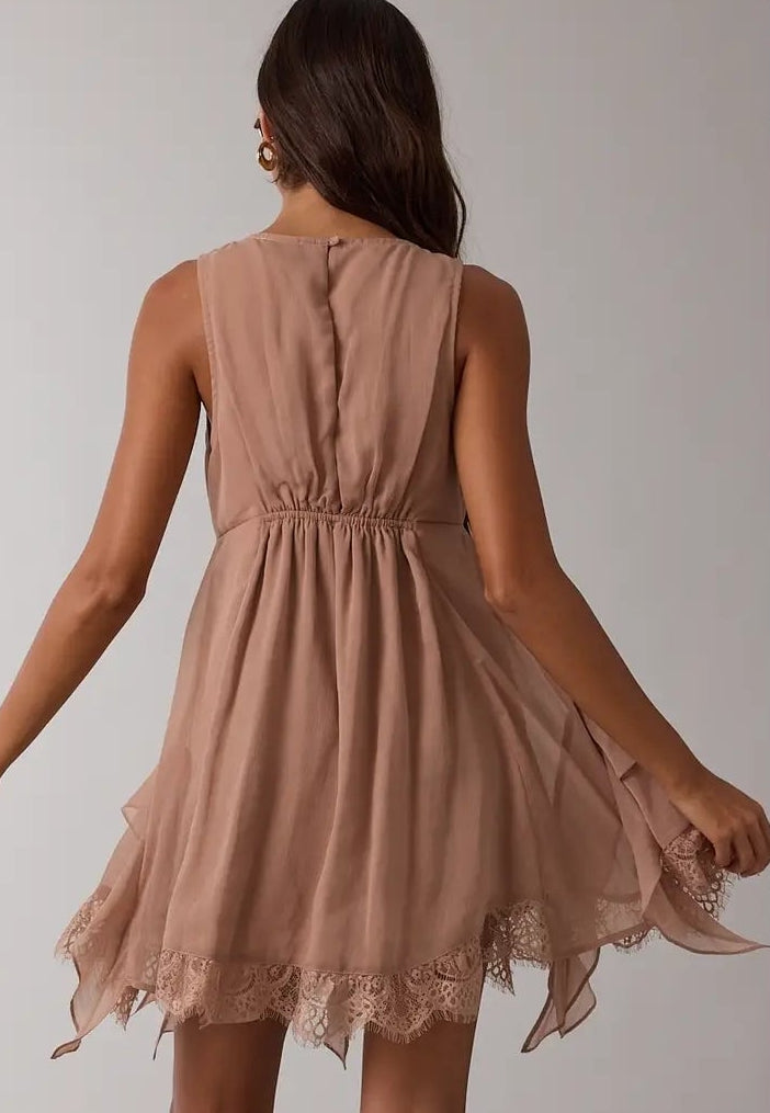 Sheer High-Low Ruffle Lace Down Mini Romper Dress