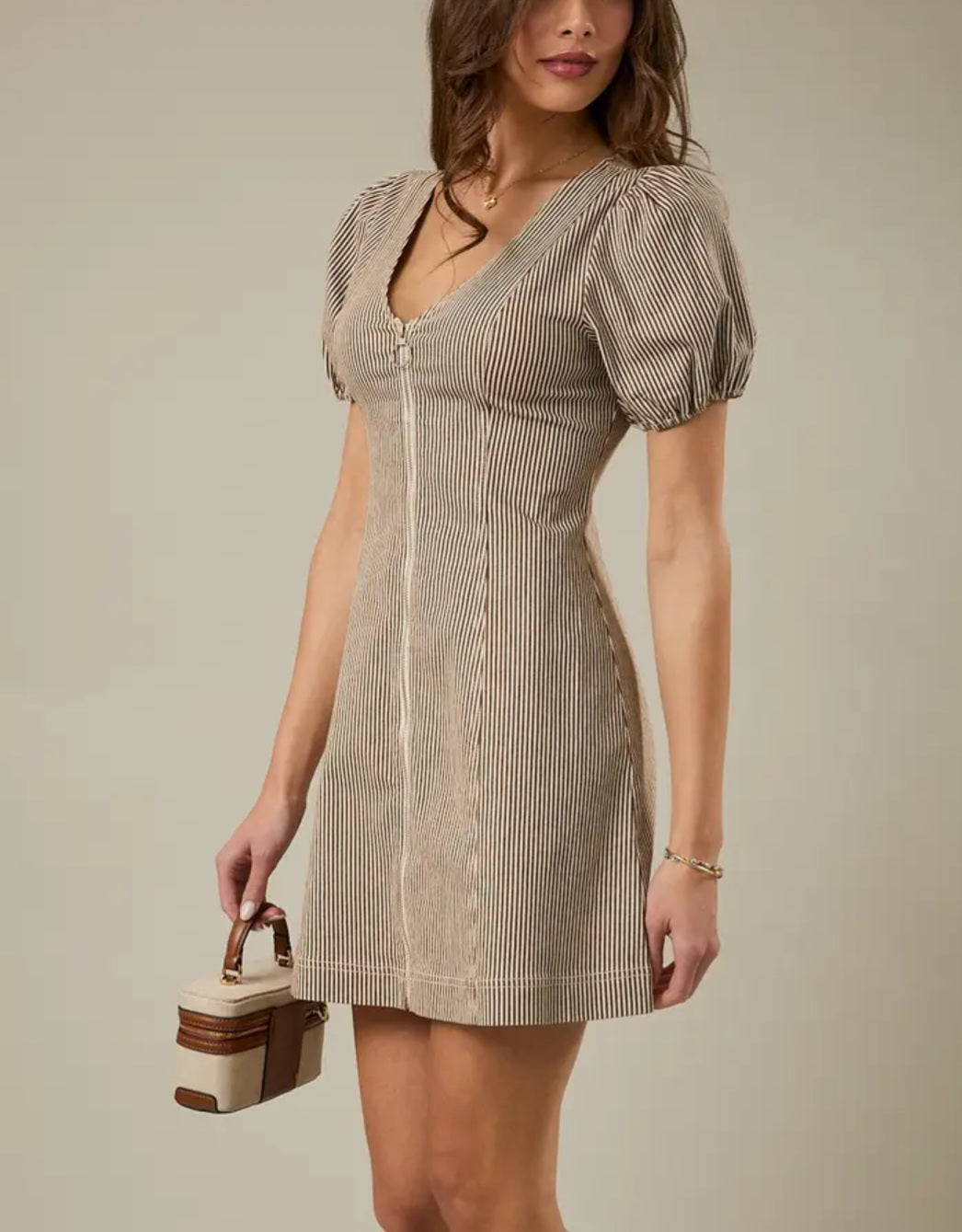 Puff Sleeve Zip Front Striped Denim Mini Dress