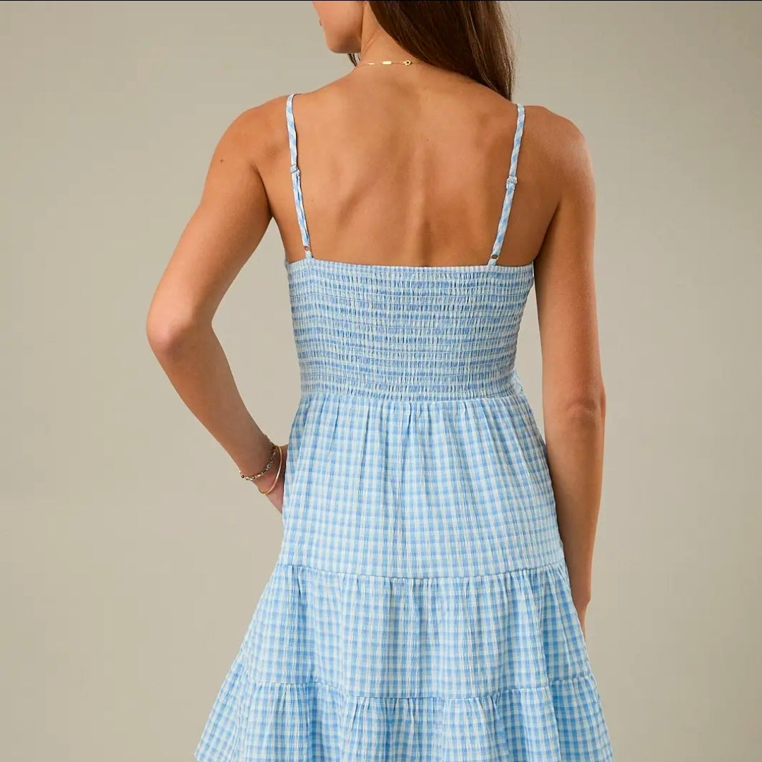 Blue Ghingham Shoulder Strap Tiered Mini Dress