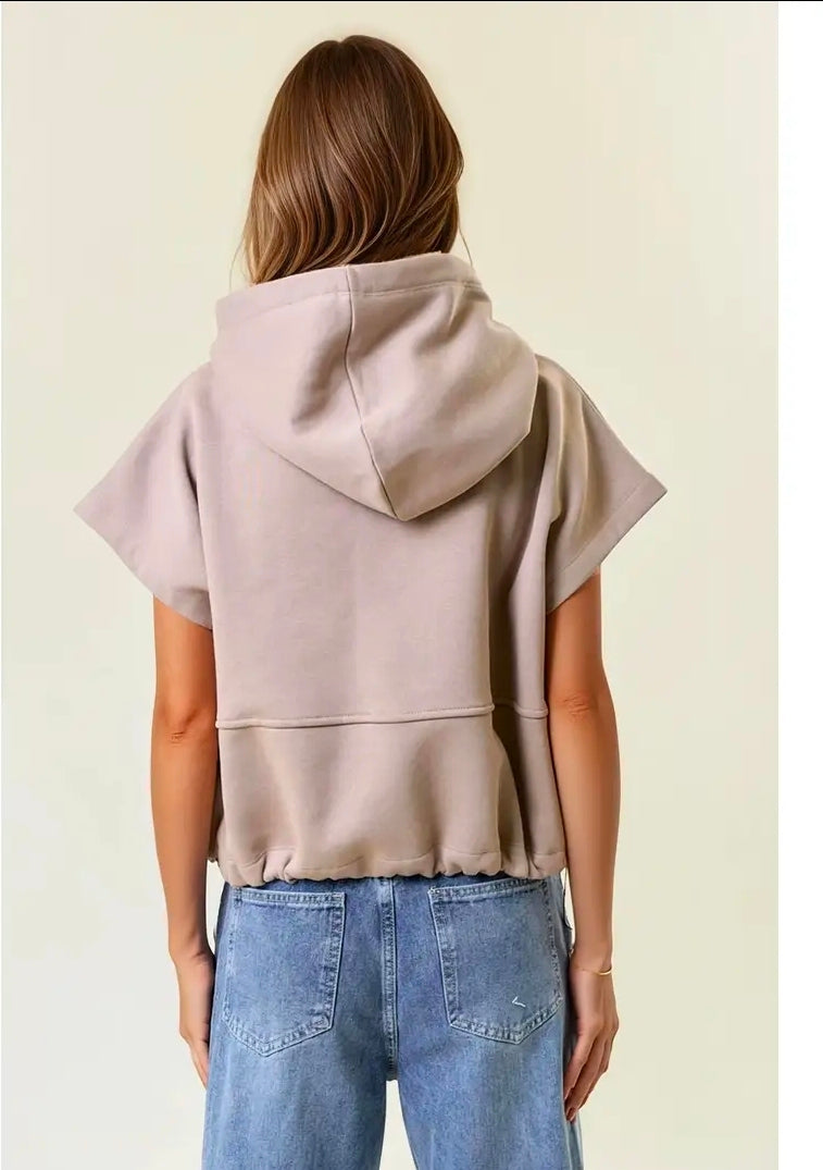 Taupe Bottom Drawstring Sleeveles Crop Hoodie