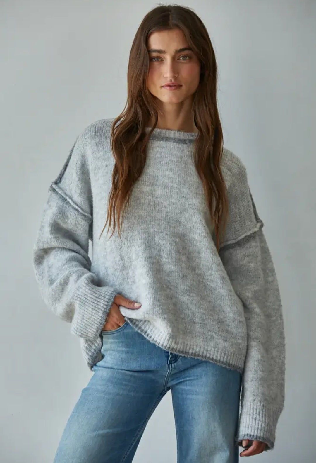Knit Sweater Crew Neck Pullover Top with Rolled Edge/ Grey