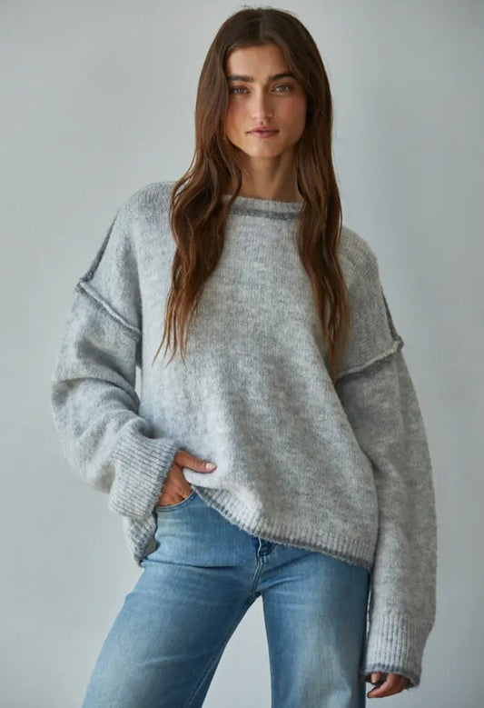 Knit Sweater Crew Neck Pullover Top with Rolled Edge/ Grey
