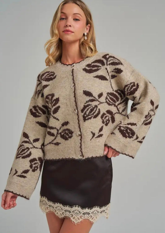 Floral Botanical Pattern Soft Sweater Cardigan