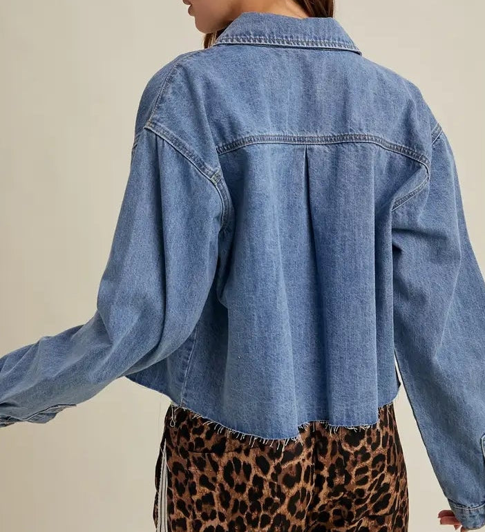 Button-Up Denim Shirt with Raw Edge