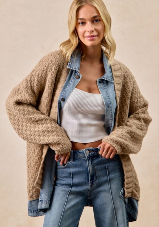 Washed Denim Mix And Match Sweater Cardigan