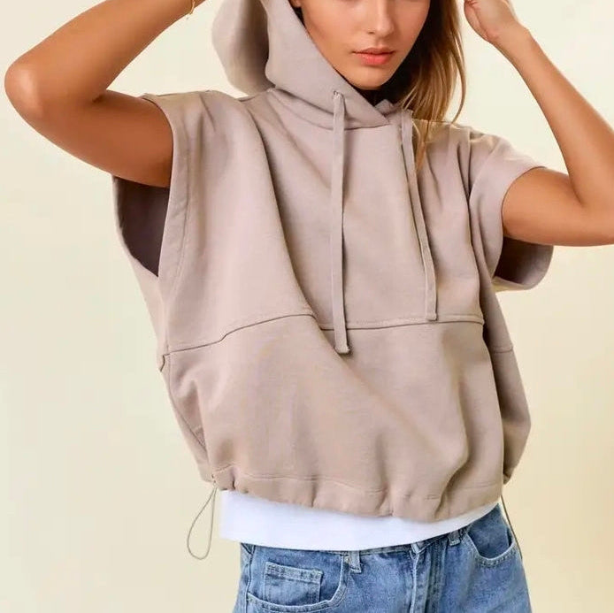 Taupe Bottom Drawstring Sleeveles Crop Hoodie