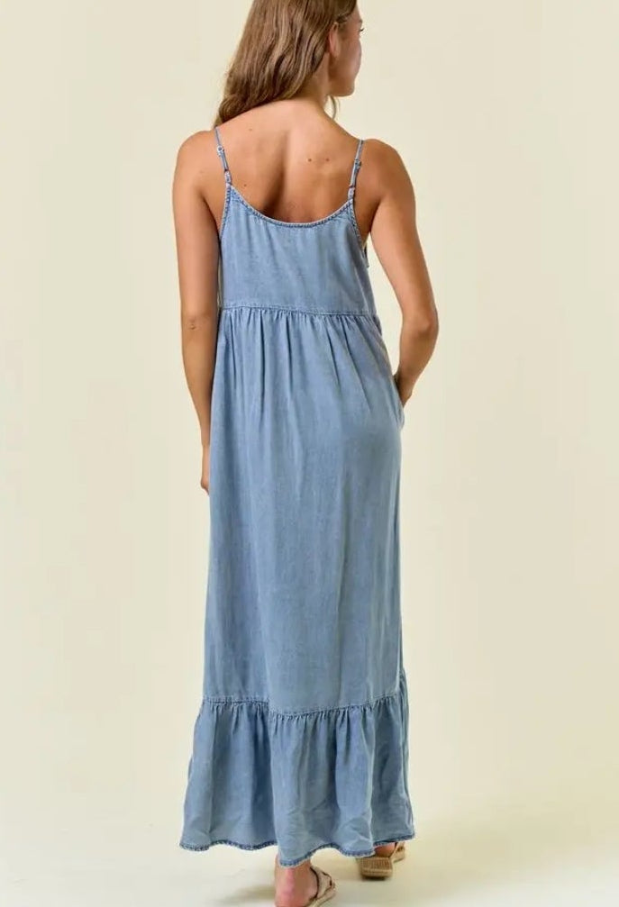 Chambray Tiered Denim Ruffled Midi Dress