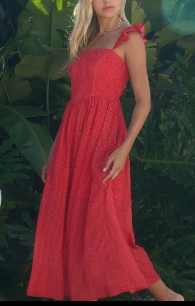 Red Polka Dot Ruffle Strap Midi Dress