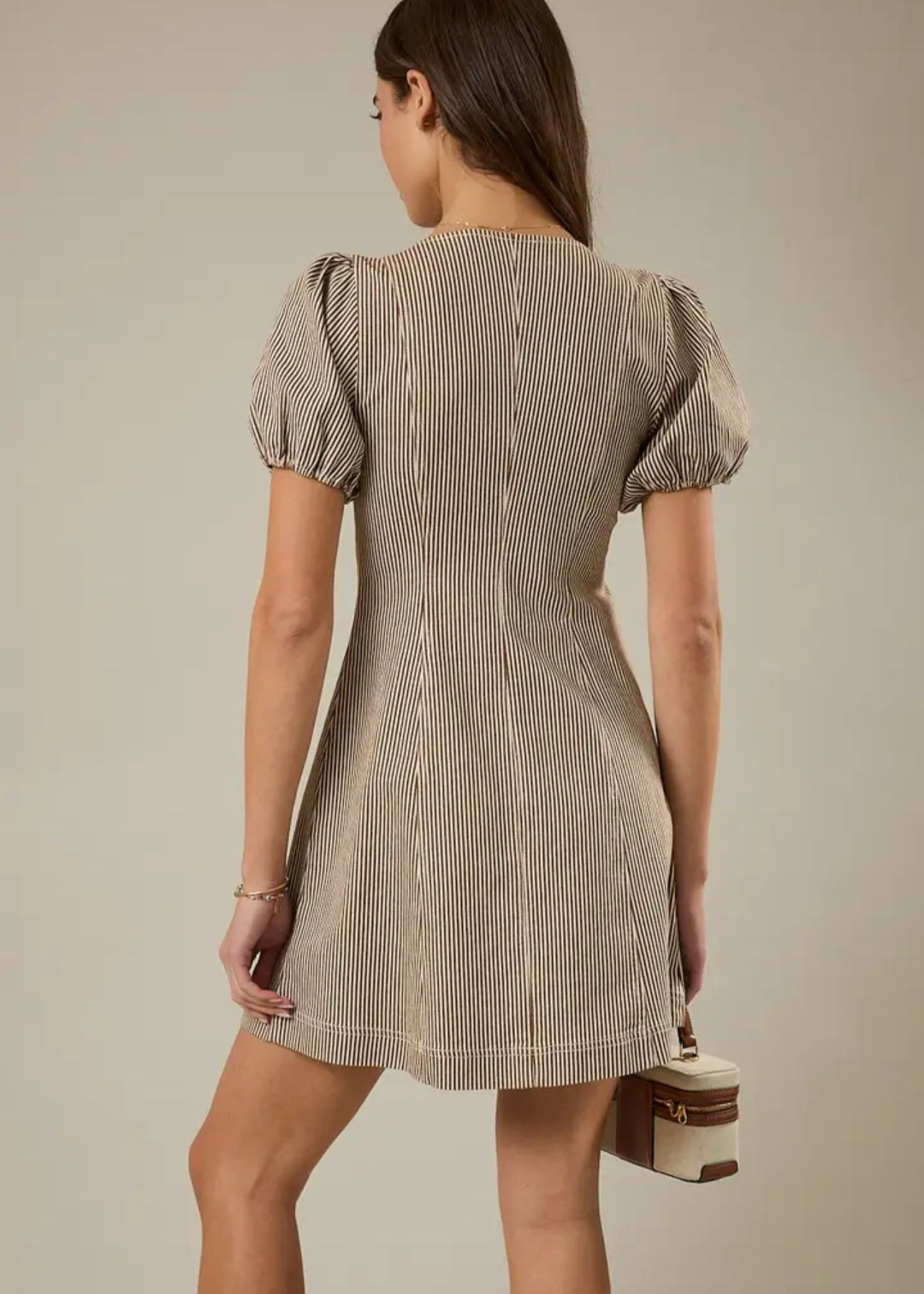 Puff Sleeve Zip Front Striped Denim Mini Dress