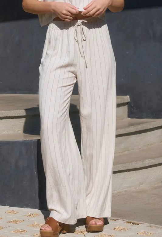 Drawstring Pinstripe Wide Leg Linen Pants