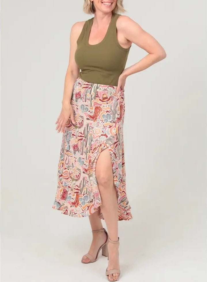 Western Print Ruffle Slit Skirt