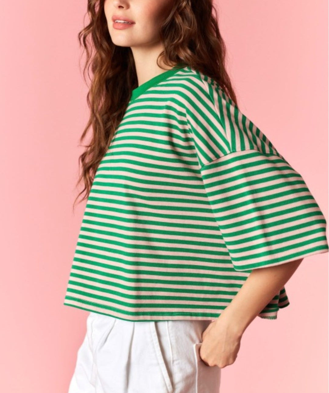 STRIPE ROUND NECK DOLMAN TEE Green/Pink