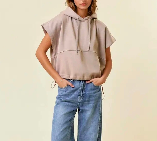 Taupe Bottom Drawstring Sleeveles Crop Hoodie