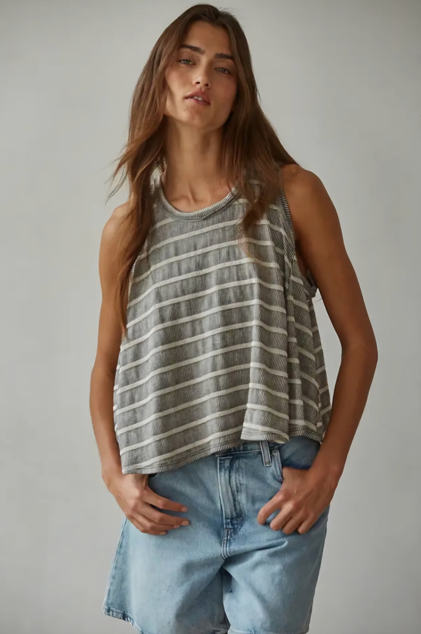 Flowy Striped Round Neck Sleeveless Tank Top