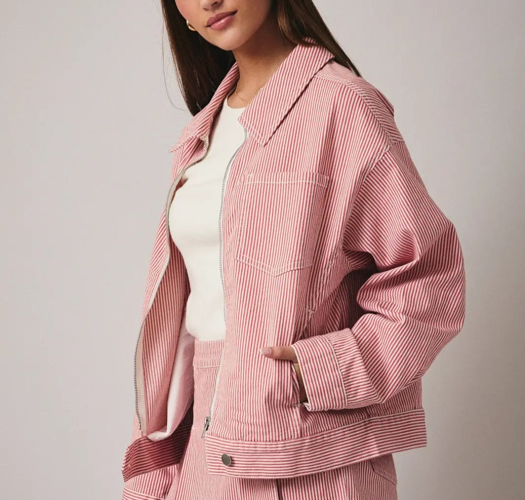 Pink Strip Zip up Bomber Jacket