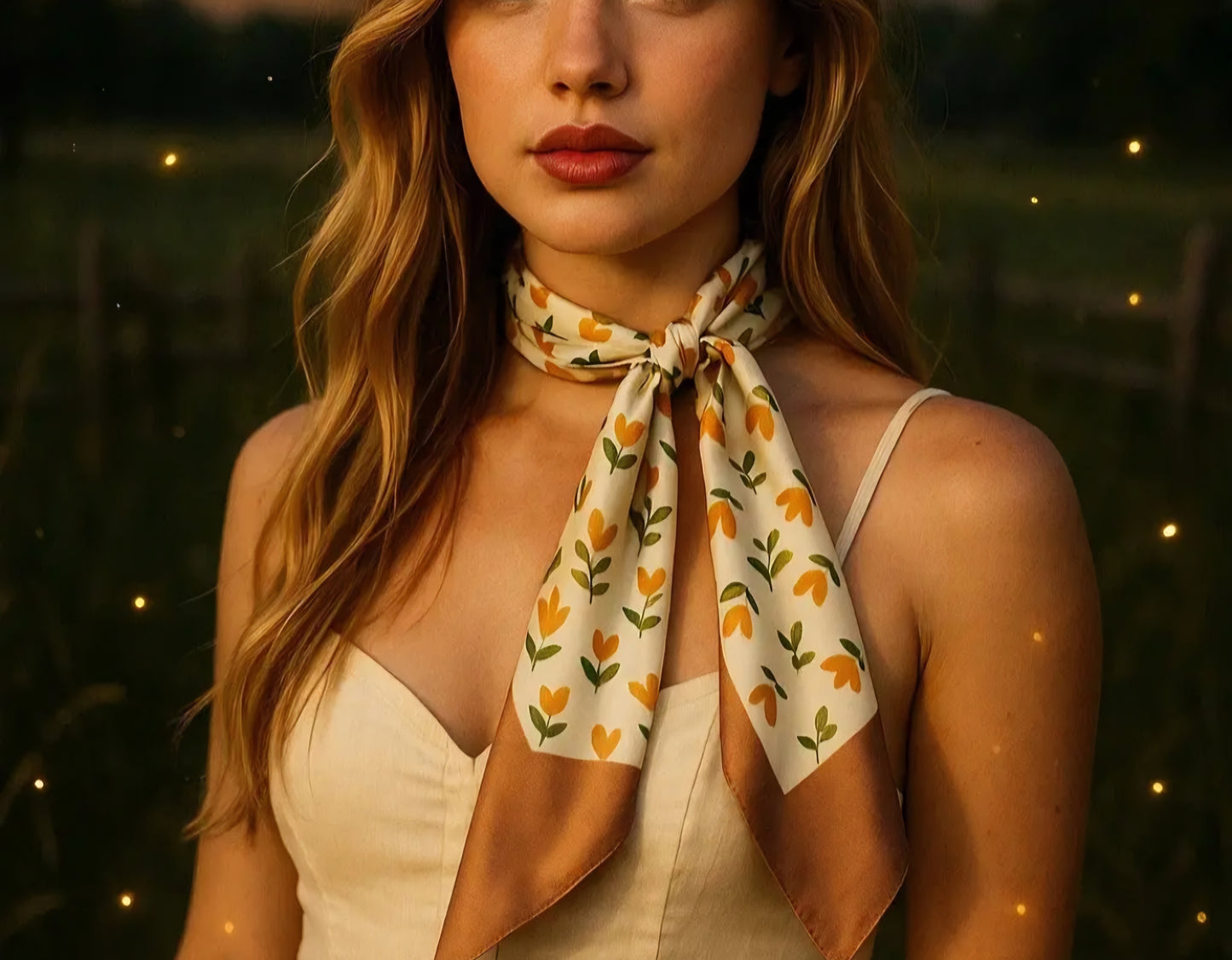 Tan and Cream Floral Western Skinny Mini Wild Rag Scarf Cowgirl Necktie