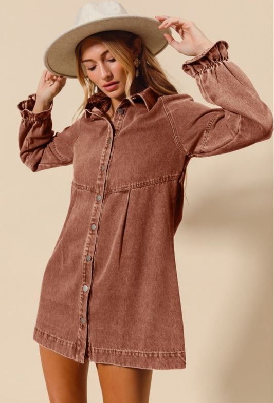 Washed Color Denim Button Down Shirt Mini Dress