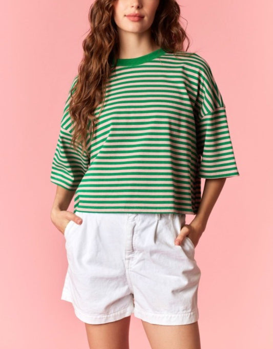 STRIPE ROUND NECK DOLMAN TEE Green/Pink
