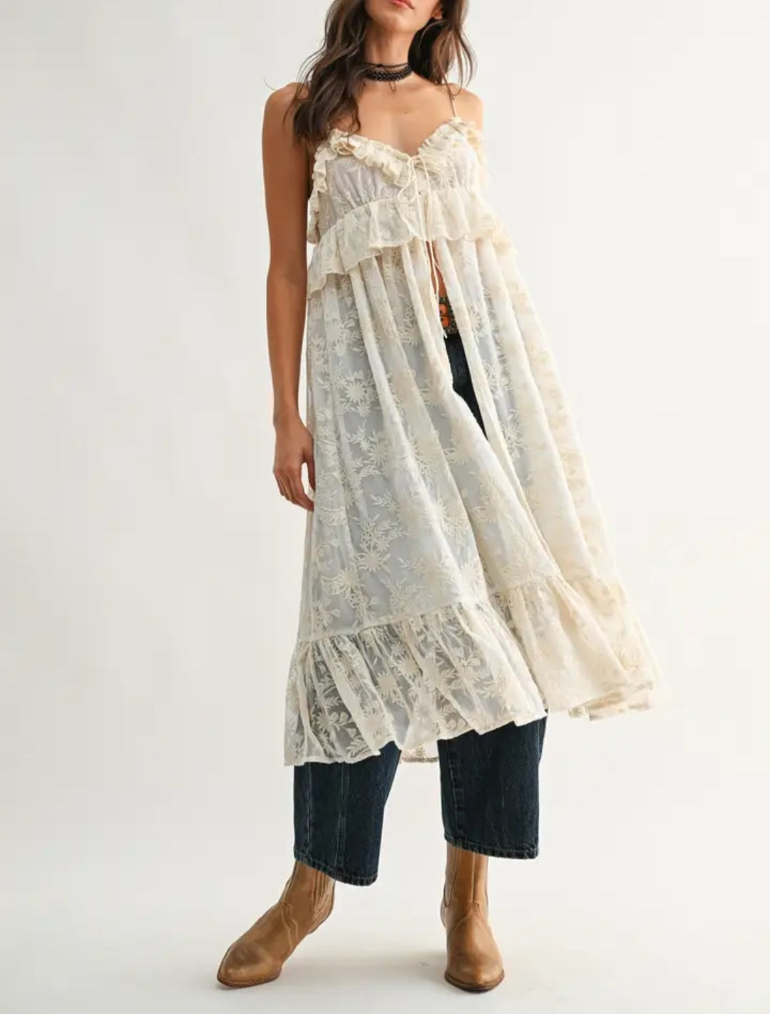 Sheer Floral Lace Ruffle Cover Up Top