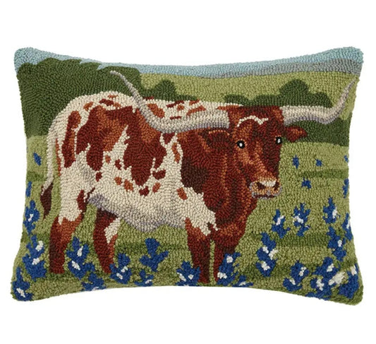 Longhorn in Blue Bonnets Field Hook Pillow