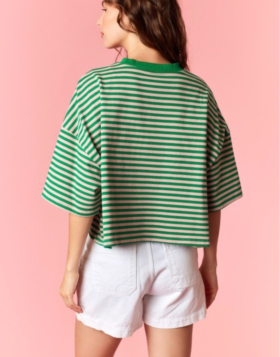 STRIPE ROUND NECK DOLMAN TEE Green/Pink