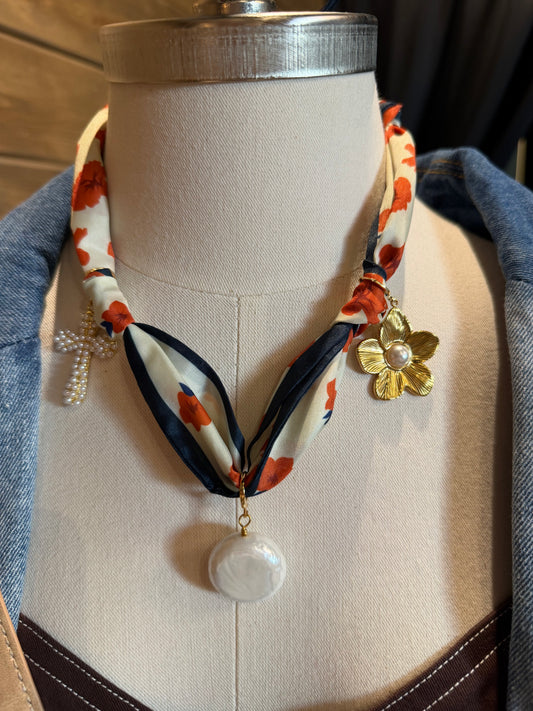 Bandana Tie Necklace With Three Large Charms