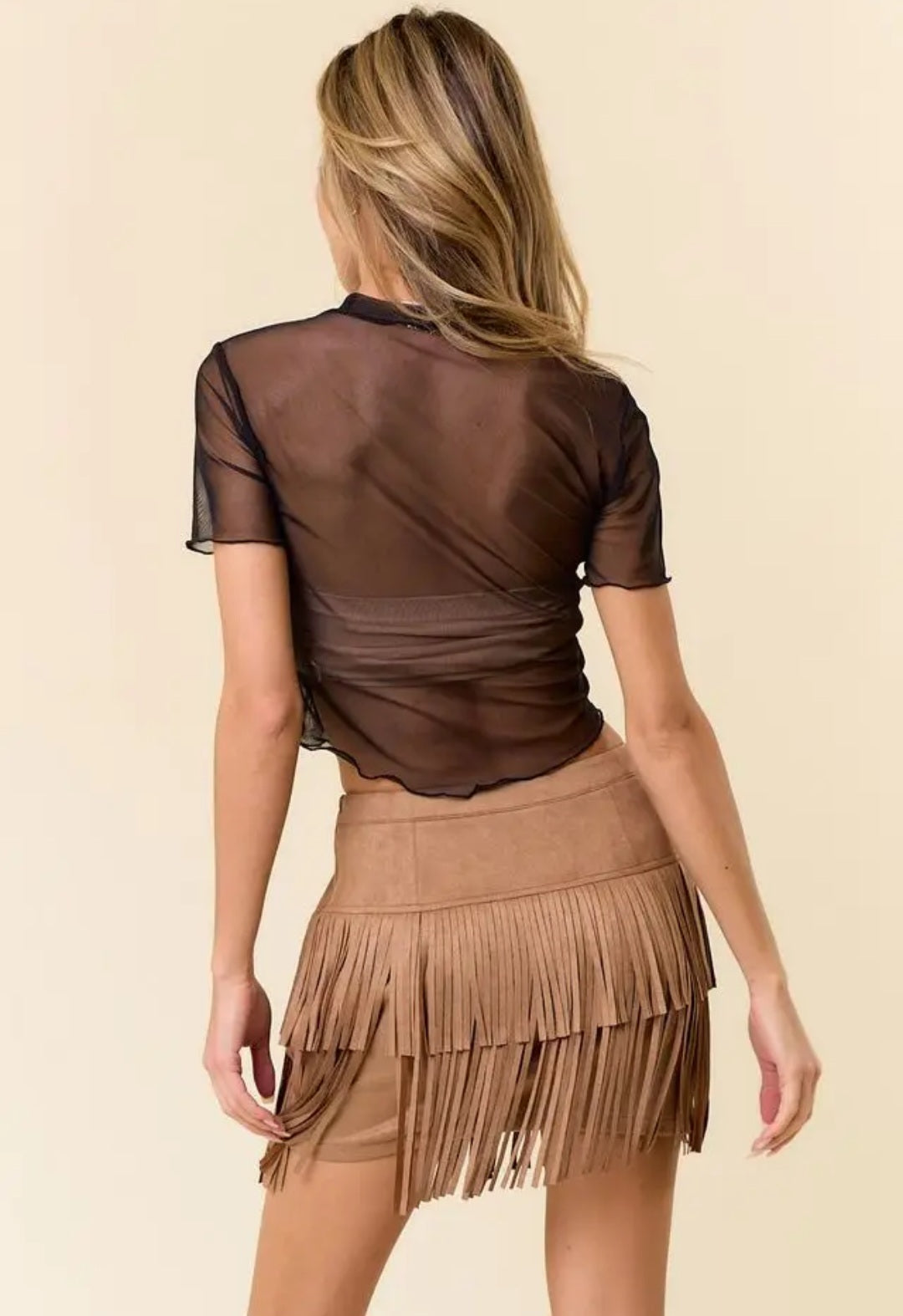 Tan Faux Suede Fringed Skirt