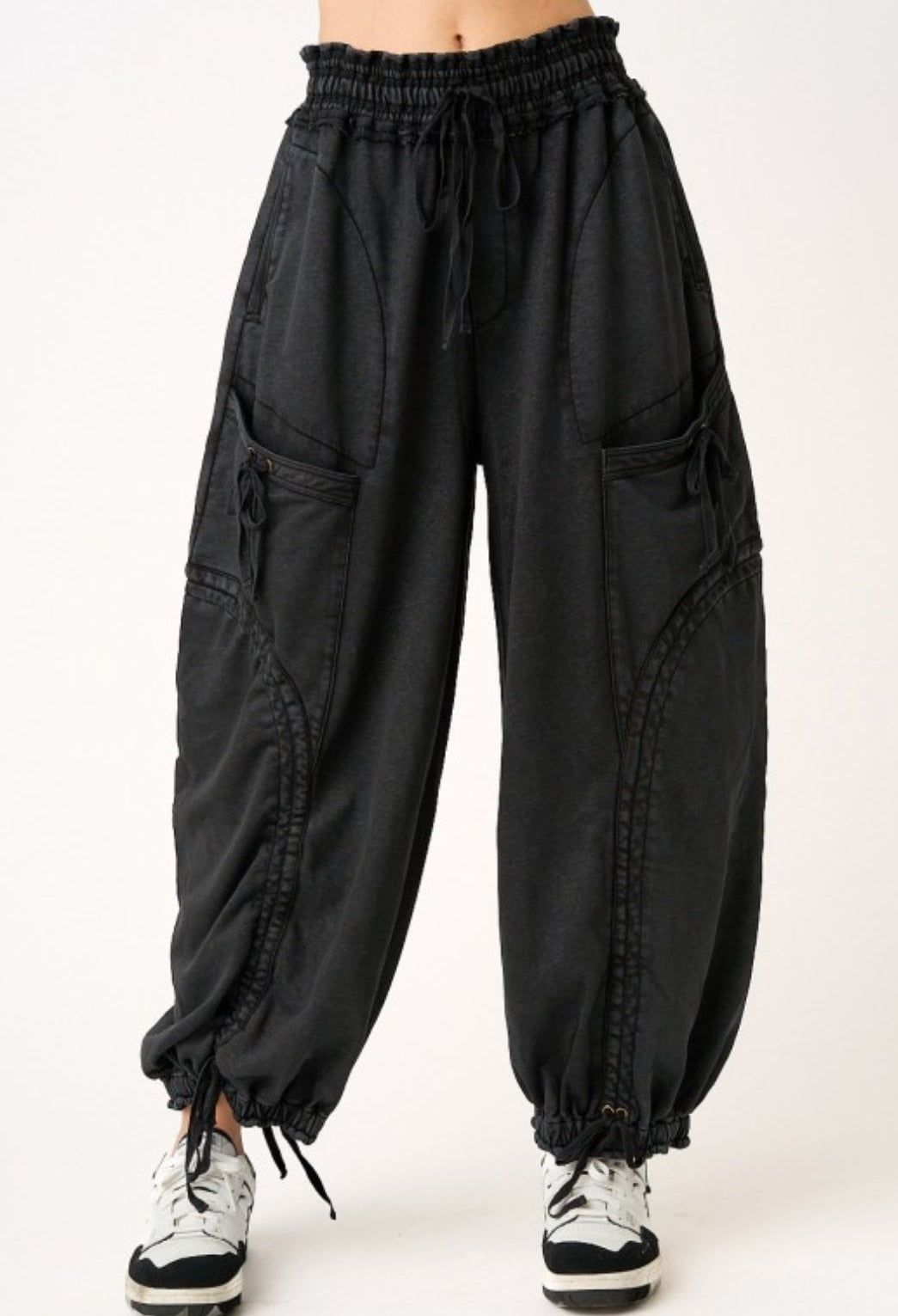 BLACK WASHED FRENCH TERRY DROP POCKET BALLOON PANTS