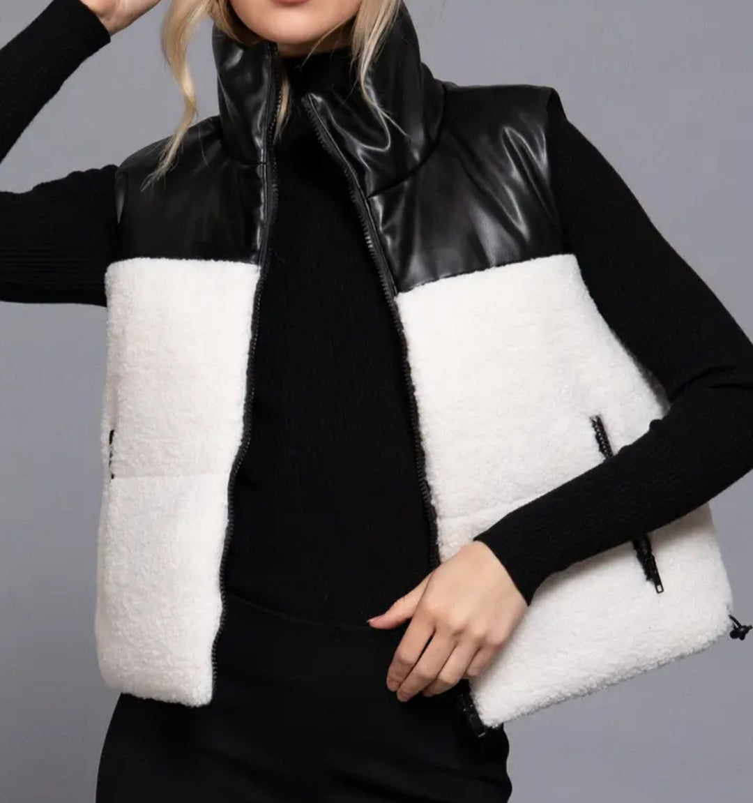 Reversible Faux Leather-Sherpa Crop Vest
