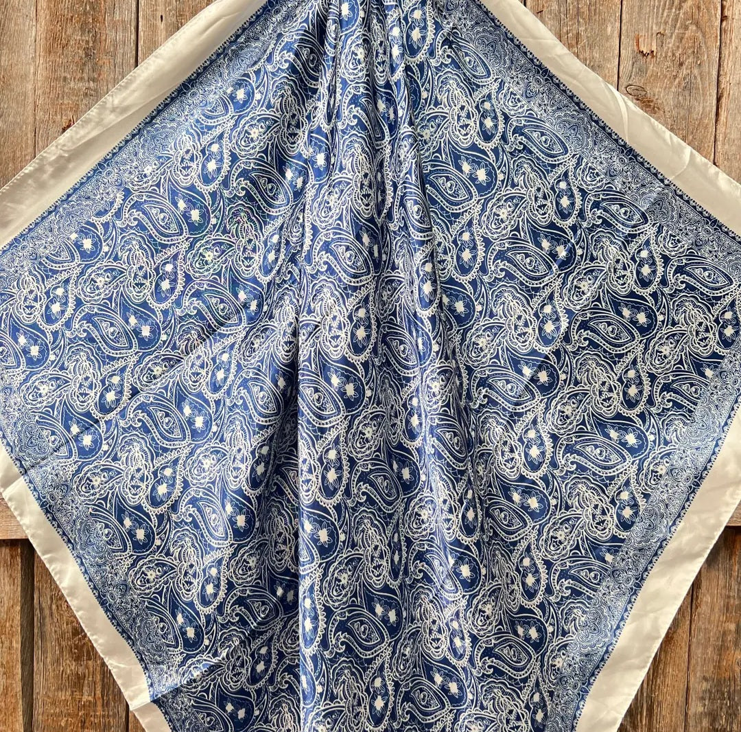 Blue and White Floral Paisley Wild Rag / Scarf 35X35"