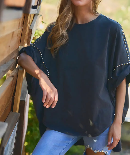 Black Washed Studded Roll Up Sleeve High Low Tee