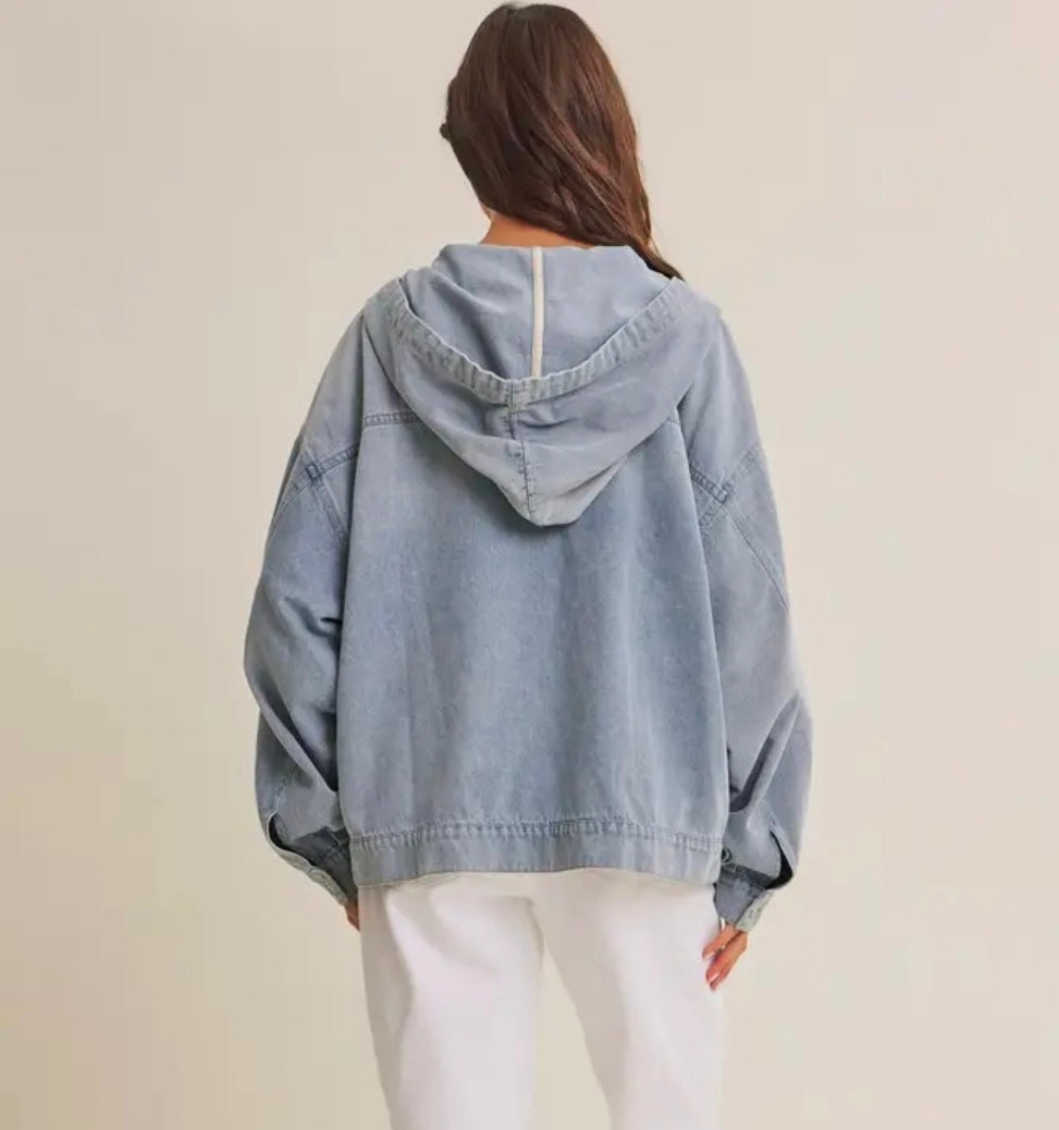 Mineral-Washed Denim Hooded Pullover
