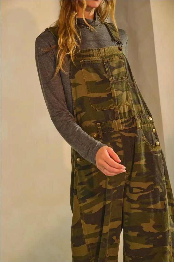 Camo Denim Barrel Overall Jumpsuit