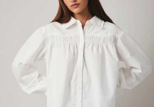 Shirring Detail Buttor Down White Top