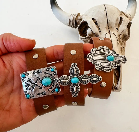 Western Leather Snap Cuff Bracelets- Stamping Concho Cactus