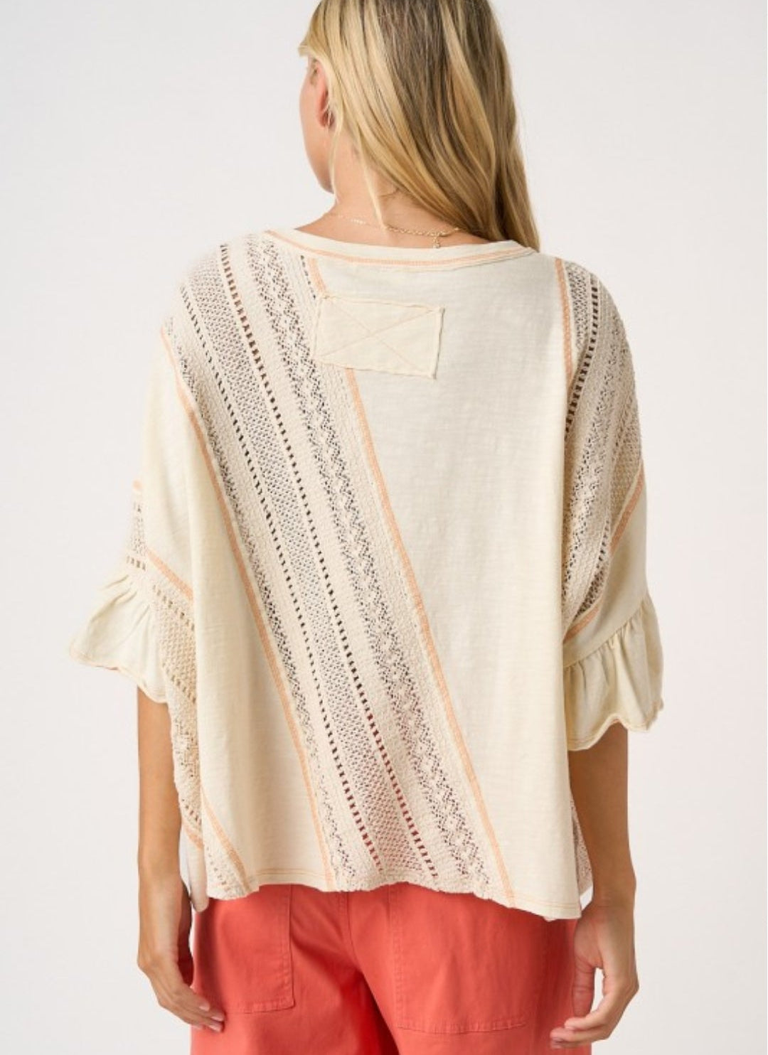 CROCHET CONTRAST STITCH RUFFLE DOLMAN SLEEVE TOP