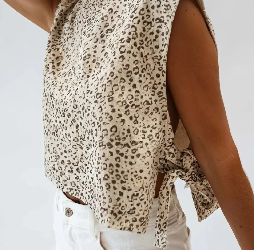 Apricot Leopard Print Knot Side Sleeveless Vest Top
