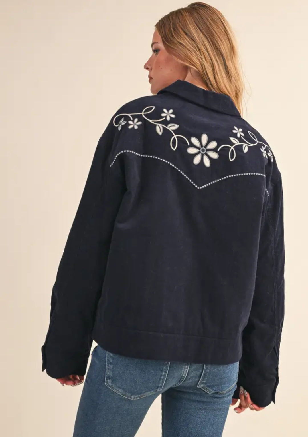 Navy Floral Embroidery Quilted Corduroy Jacket