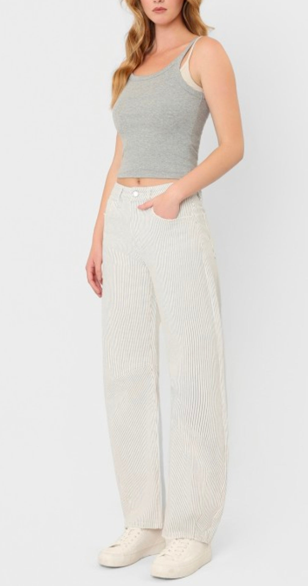 HIGH RISE DART DETAIL STRIPED CROP BARREL JEANS