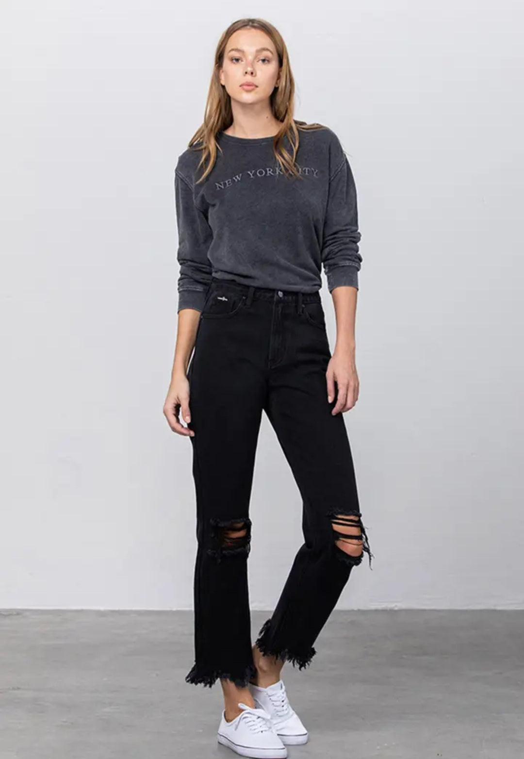 High Rise Ripped Frayed Hem Straight Jeans