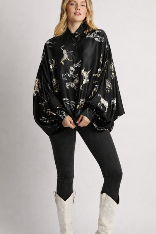 Black Horse Print Satin Blouse