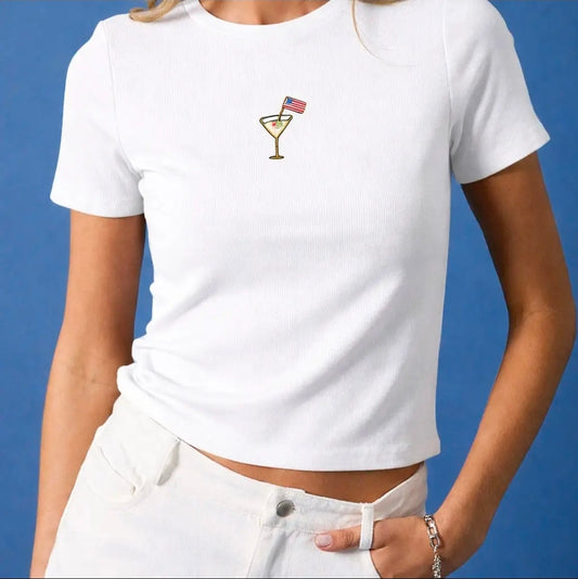Crew Neck USA Cocktail Embroidered Ribbed Tee