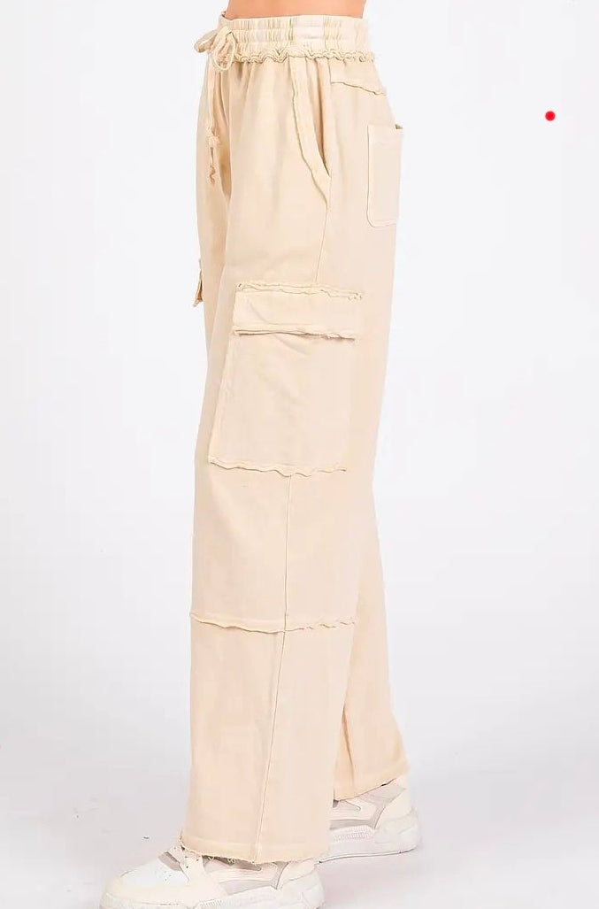 Mineral Wash Elastic Waist Cargo Wide Leg Pants