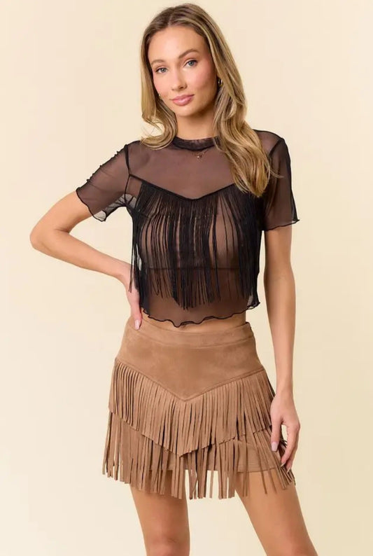 Tan Faux Suede Fringed Skirt