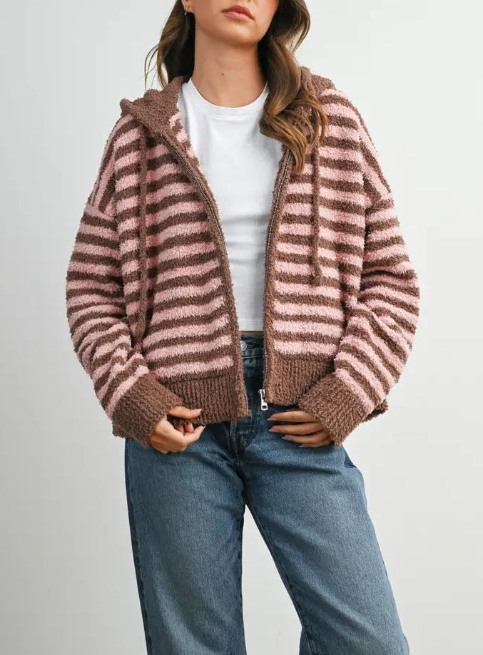Striped Zip-Up Hooded Cardigan
