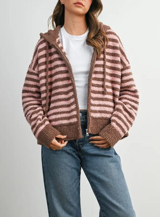 Striped Zip-Up Hooded Cardigan