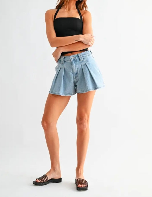 Pleated Bubble Denim Shorts