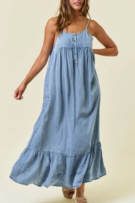 Chambray Tiered Denim Ruffled Midi Dress